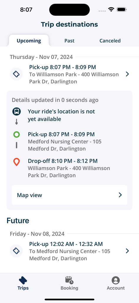 Riverside Connect - A smartphone screen displaying upcoming trip destinations and pick-up details in the Riverside Connect app.