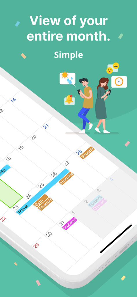 Monthly calendar view with color coded events and illustrations of users on a smartphone screen