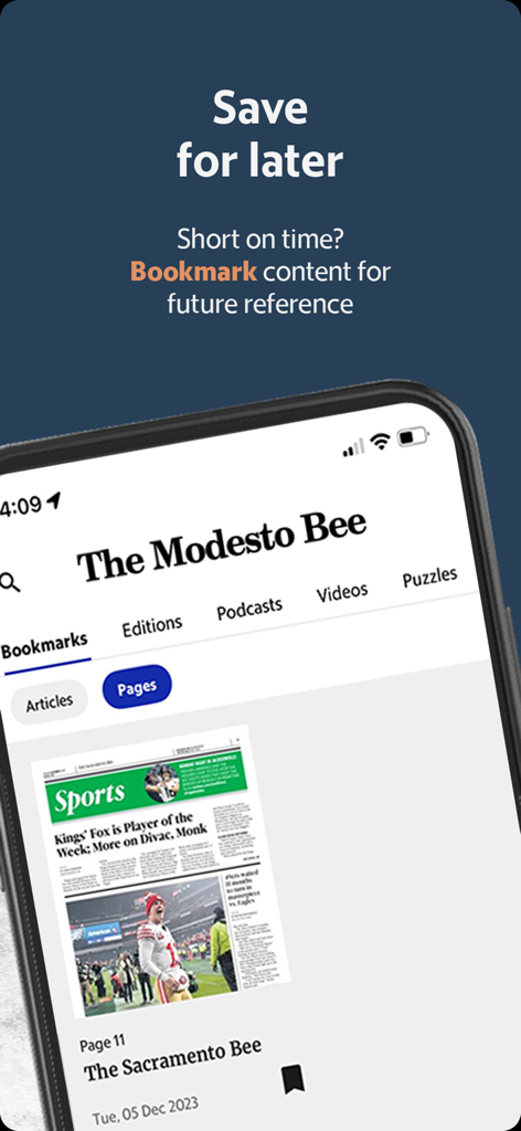 The Modesto Bee News app interface showing the bookmark feature to save articles and pages for later reading