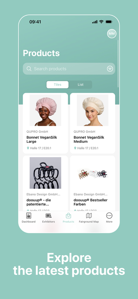 TOP HAIR Fair 앱의 모바일 화면으로 그리드 보기에서 헤어 제품 및 액세서리 카탈로그 표시