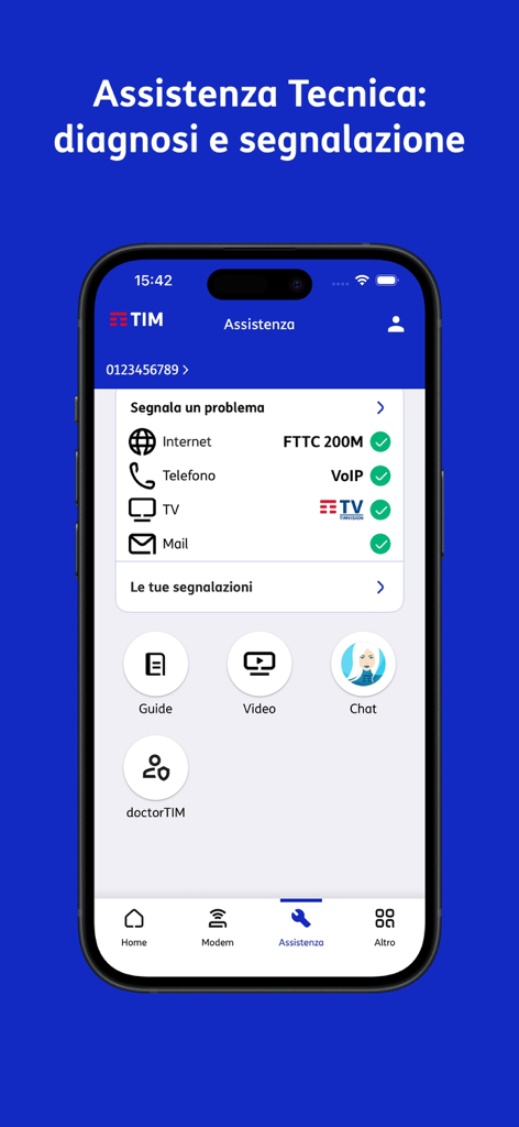 TIM Modem - Technical support screen of the TIM Modem app showing service status and diagnostic tools for remote management.