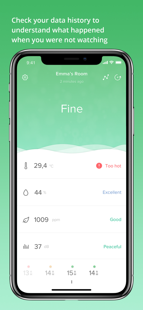 Healthy Home Coach - Netatmo Healthy Home Coach app interface showing temperature humidity air quality and noise monitoring for a nursery room