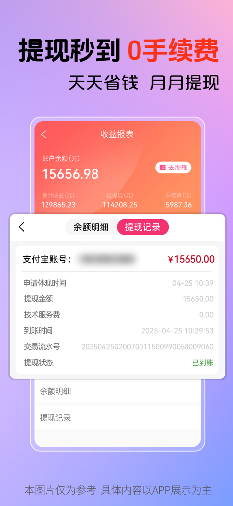 Pantalla del informe de ganancias de la aplicación Huameizhe que muestra el saldo de la cuenta y el historial de retiros sin comisiones.
