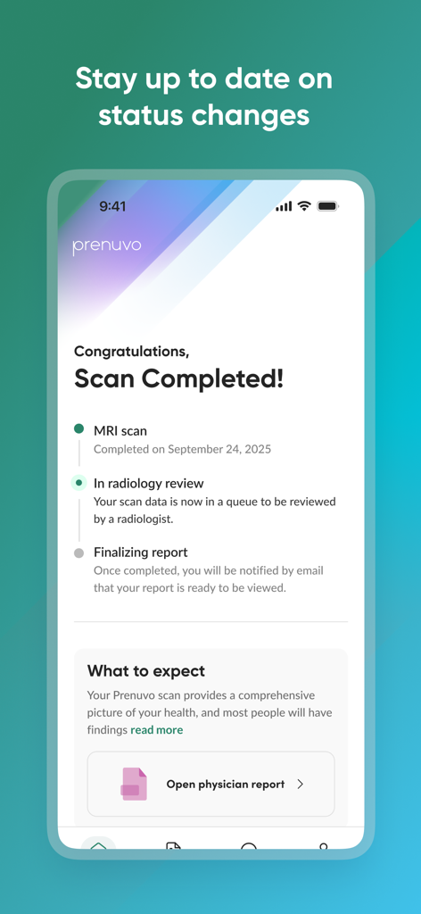 Prenuvo app interface showing MRI scan progress and radiology review status.