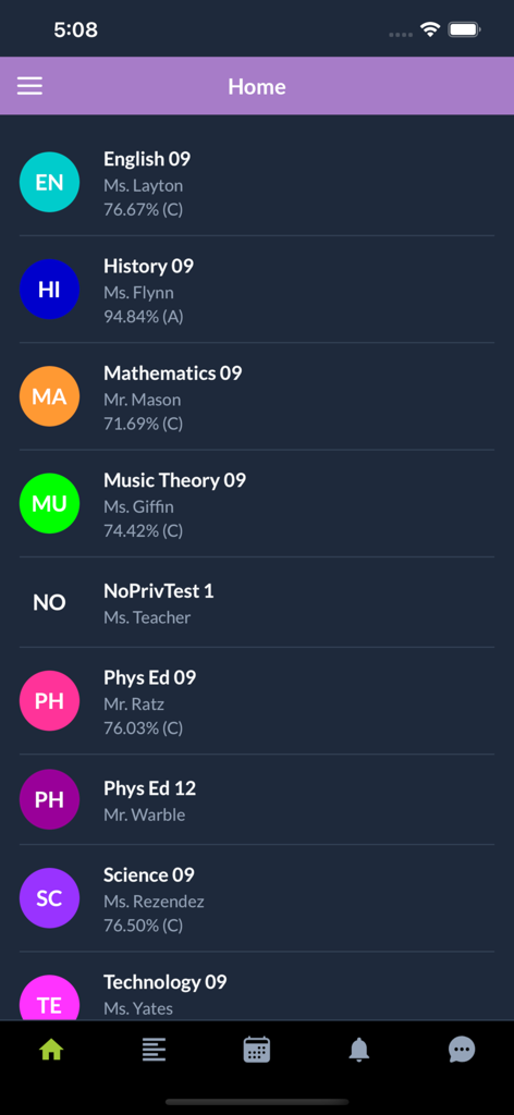 iGradePlus - iGradePlus app home screen showing a list of student subjects and current grades.