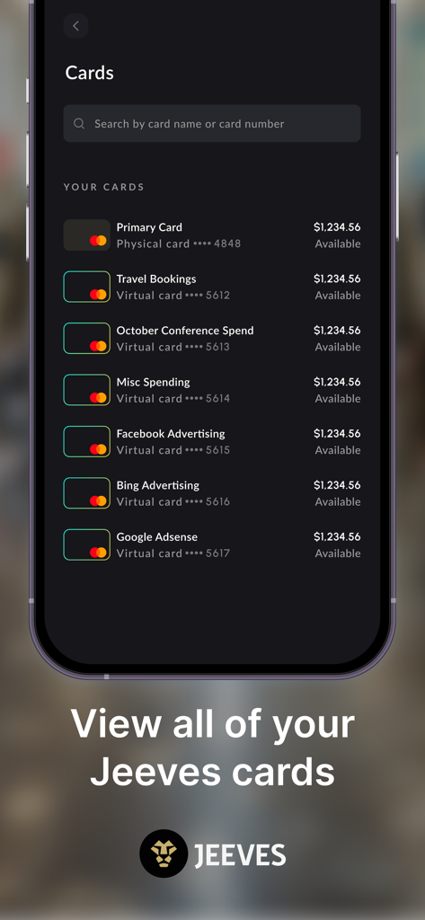 Interface of Jeeves Mobile app showing a list of physical and virtual business cards with available balances