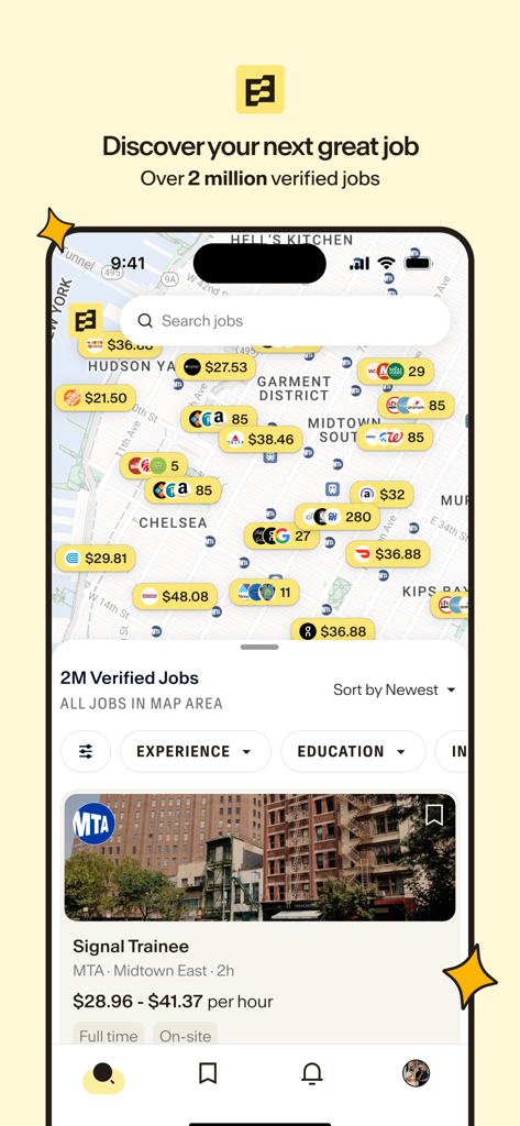 Bandana Job Search - Interactive map in the Bandana app displaying verified job openings with transparent hourly pay rates in a city neighborhood