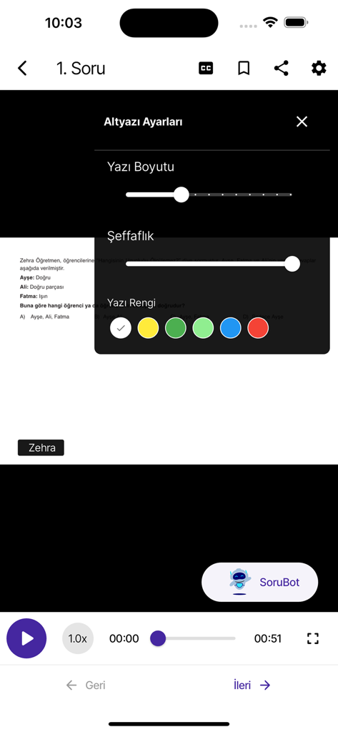 MUBA Video Çözüm - Subtitle customization settings in the MUBA Video Cozum educational app