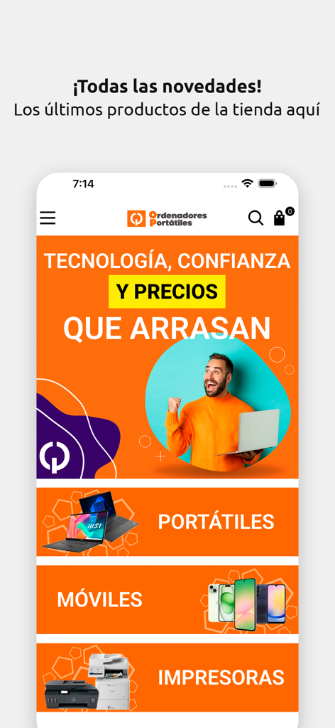 Ordenadores Portátiles - Ecrã principal da app móvel Ordenadores Portatiles mostrando categorias para portáteis, telemóveis e impressoras.