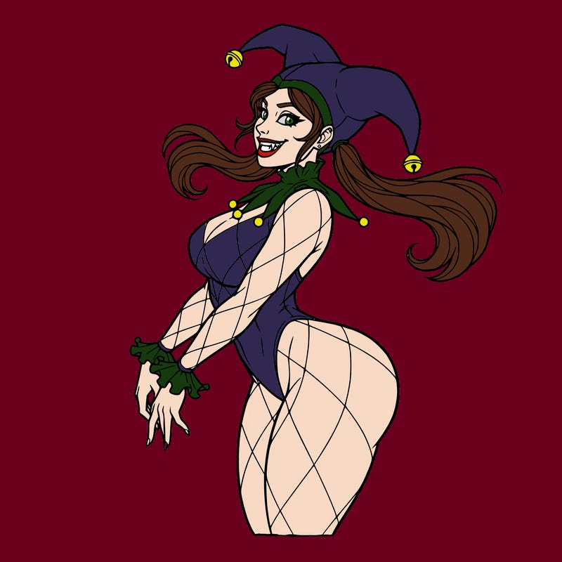 make a very pretty curvy female jester with siren like eyes and a smile with fangs