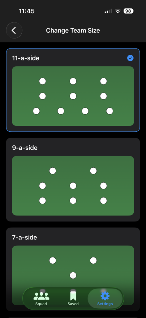Squad11 - Lineup Builder - Squad11 app interface showing selection options for 11-a-side 9-a-side and 7-a-side football formations