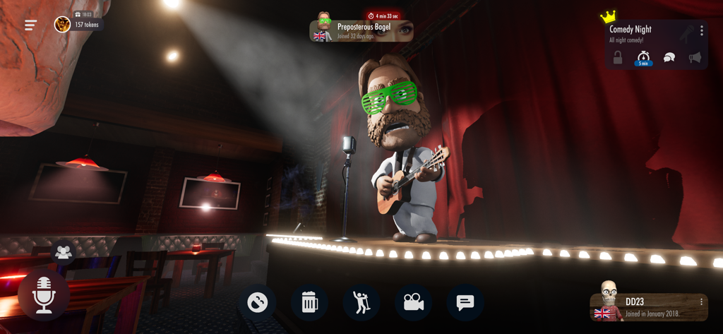 Comedy Night - The Voice Game - A 3D avatar with green shutter shades playing guitar on a comedy club stage