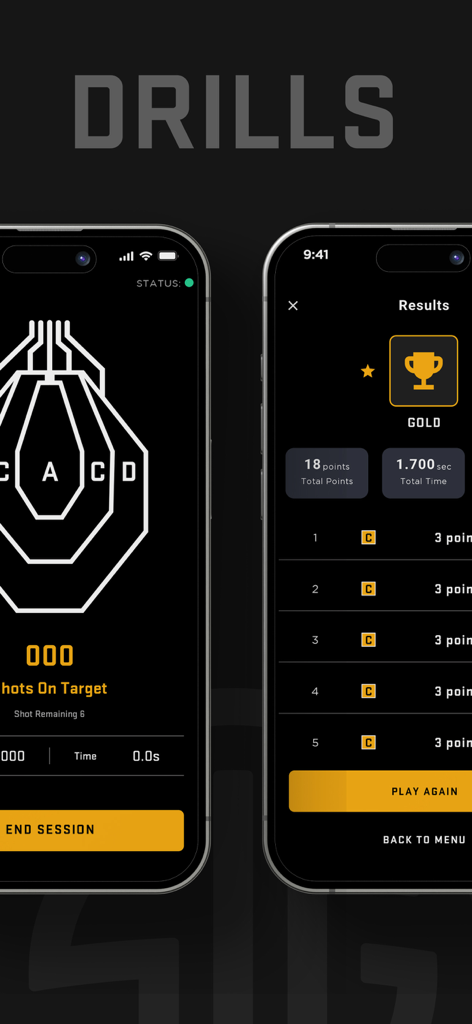 SIG CONNECT - Two mobile screens from the SIG CONNECT app showing a shooting target interface and drill results with analytics.