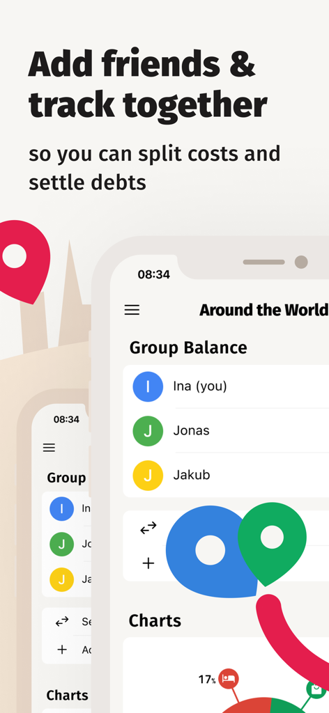 Interface of the TravelSpend app showing group balance and shared expense tracking features for friends.