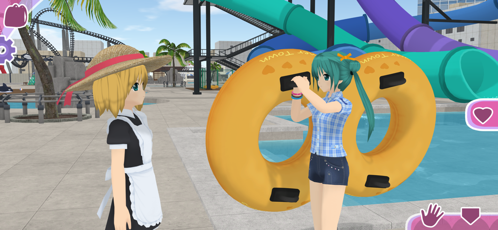 Anime City 3D - Dos personajes de anime en un parque acuático con toboganes coloridos y flotadores inflables