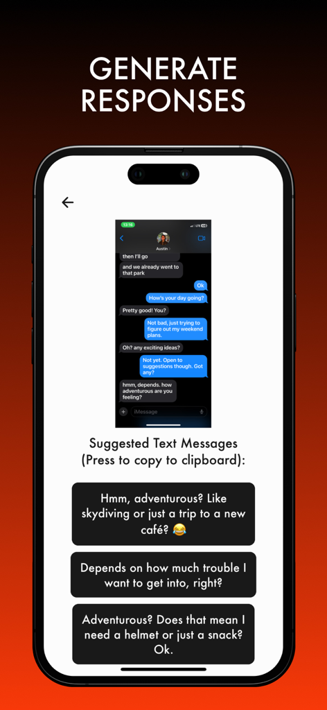AURA: AI Texting Assistant - Interfaz de la aplicación AURA que muestra respuestas de texto ingeniosas sugeridas para una captura de pantalla de conversación