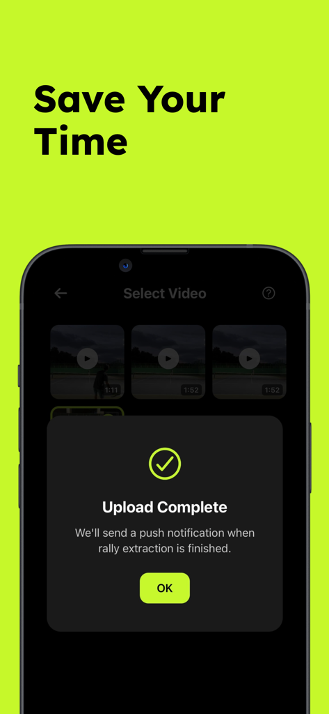 PerfectSwing:Tennis Highlights - Smartphone screen showing an upload complete notification in the PerfectSwing tennis highlights app