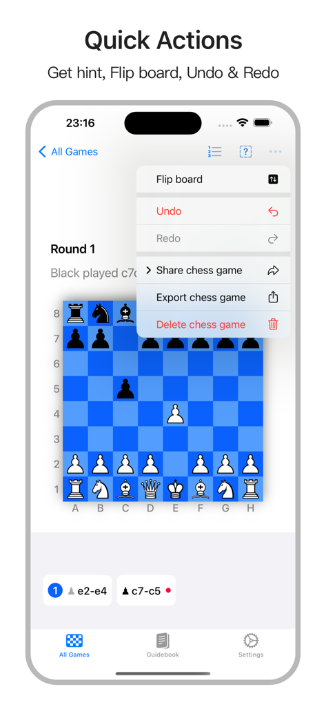 ChessBot app screenshot showing quick actions like flip board, undo, and export chess game options on an iPhone interface