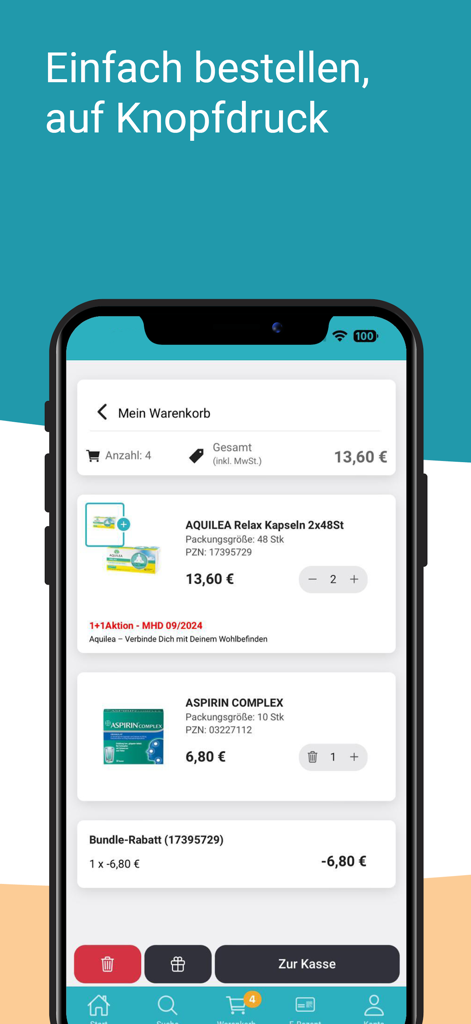 Pantalla del carrito de compras de la aplicación Medikamente-per-klick que muestra productos sanitarios y descuentos