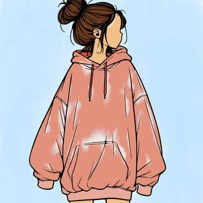 realistic girl with a oversized sweatshirt on and a bun