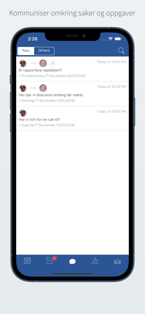 Styreplan3 - Styreplan app communication screen showing professional messages and meeting tasks