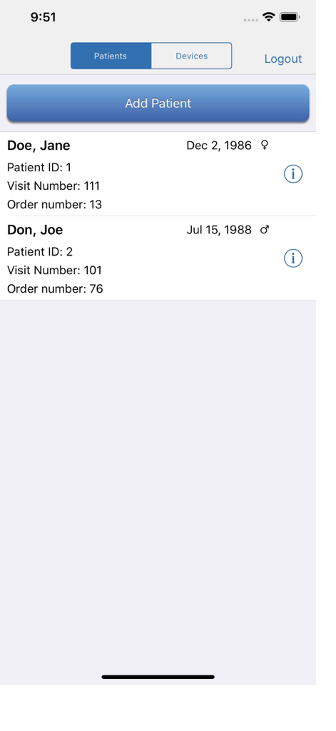 SEER Simulator - Patient list interface in the SEER Simulator app with a button to add a patient.