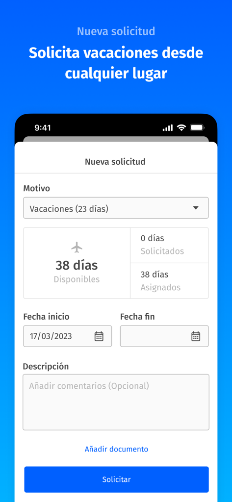 Woffu - Time management - Interfaz de la aplicación móvil que muestra un formulario de solicitud de vacaciones con el saldo de PTO disponible y selectores de fecha.