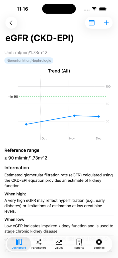 LabTrackGo - LabTrackGo app interface showing a lab result trend chart and detailed medical information for eGFR kidney function