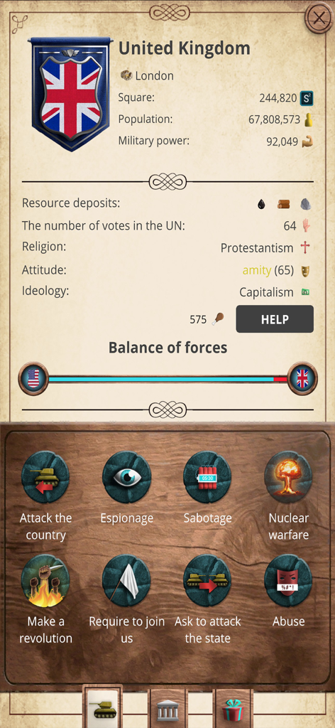 MA 1 – President Simulator - Gameplay screen showing the United Kingdom country profile and strategic action buttons in MA 1 President Simulator