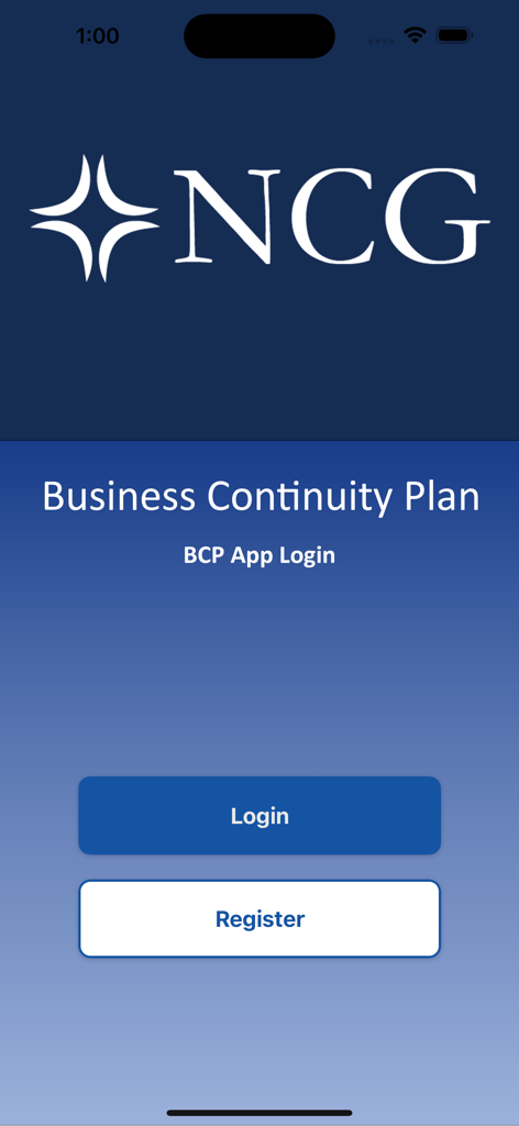 Business Continuity Plan - Login and registration screen for the Northcross Group Business Continuity Plan enterprise app