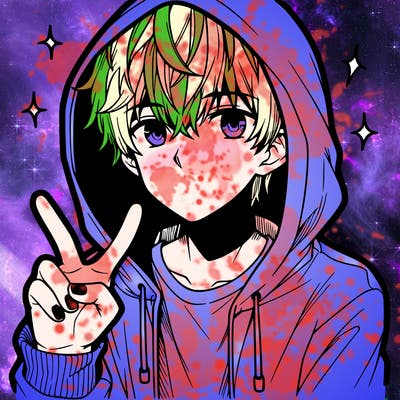 teenage manga boy in a hoodie, doing ✌