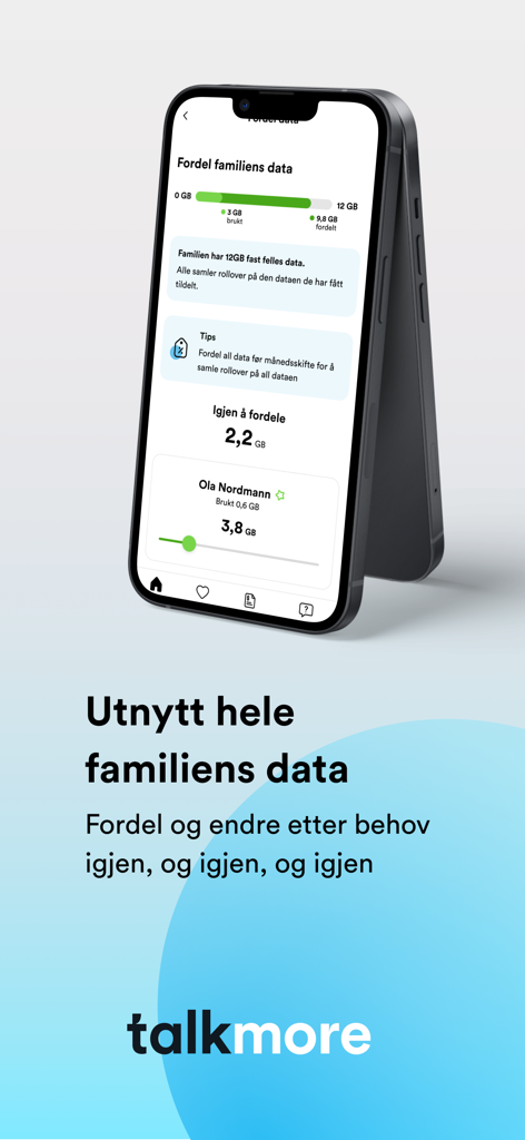 Talkmore App-Oberfläche, die die Verteilung von Familiendaten und die Nutzungsverfolgung auf einem Smartphone-Bildschirm zeigt.