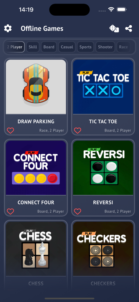 Offline Games - No Wifi Puzzle - A collection of offline 2 player board games like Chess and Tic Tac Toe on a mobile app interface