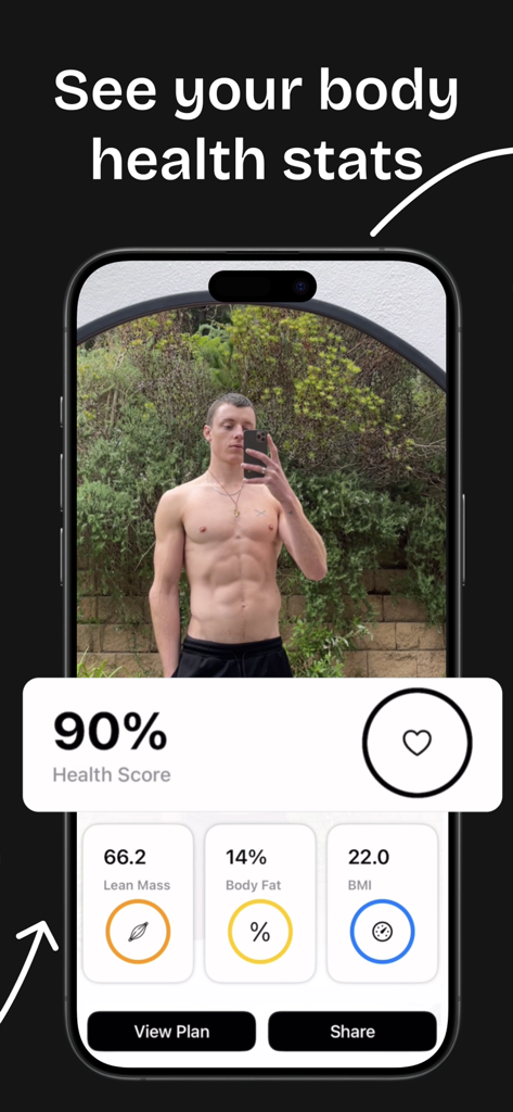 uFit AI: Gym & Fitness Planner - uFit AI mobile app interface showing body scan results with health score body fat and BMI