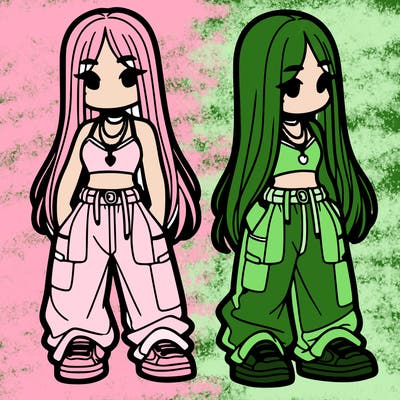 girl in baggy pants crop top and long hair