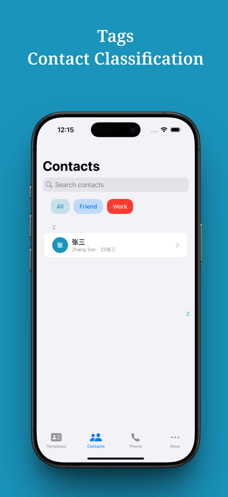 Screenshot of ContactHelper app interface showing how to organize contacts with tags like Friend and Work