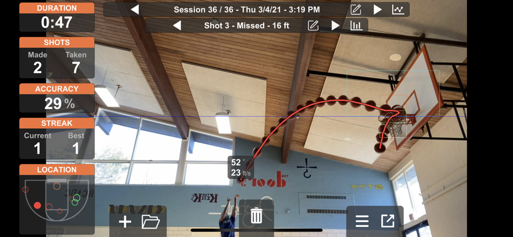 Basketball ShotBot - A screenshot of the Basketball ShotBot app tracking a shot trajectory and performance statistics on an indoor court