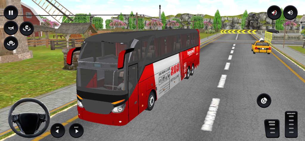 Bus Driving Simulator Game 3D. - A red and white tourist bus driving on a suburban road in a 3D simulation game with on screen steering wheel and pedals.