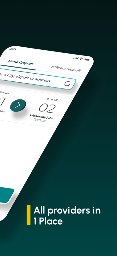 Rental cars app - Interfaccia di ricerca dell'app Noleggio Auto che mostra la selezione della data di ritiro e riconsegna