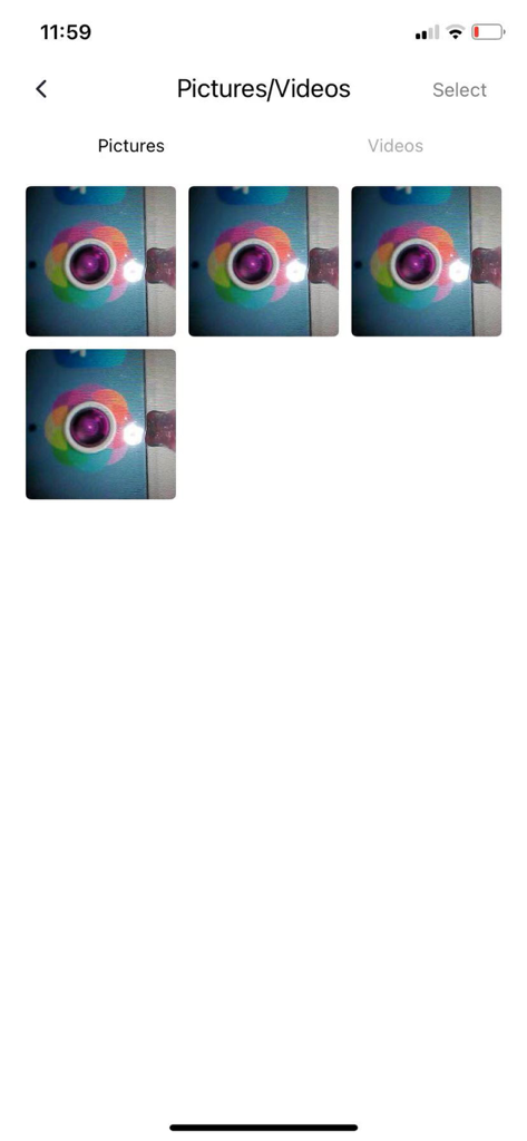 visual earpick - Medien-Galerie-Bildschirm in der Visual Earpick App, der gespeicherte Bilder und Videos anzeigt