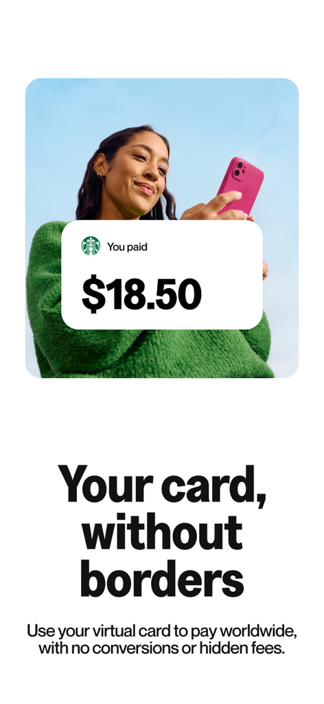 Una mujer usando su teléfono para hacer un pago con una tarjeta virtual Grateful, mostrando un recibo de transacción por dieciocho dólares y cincuenta centavos.