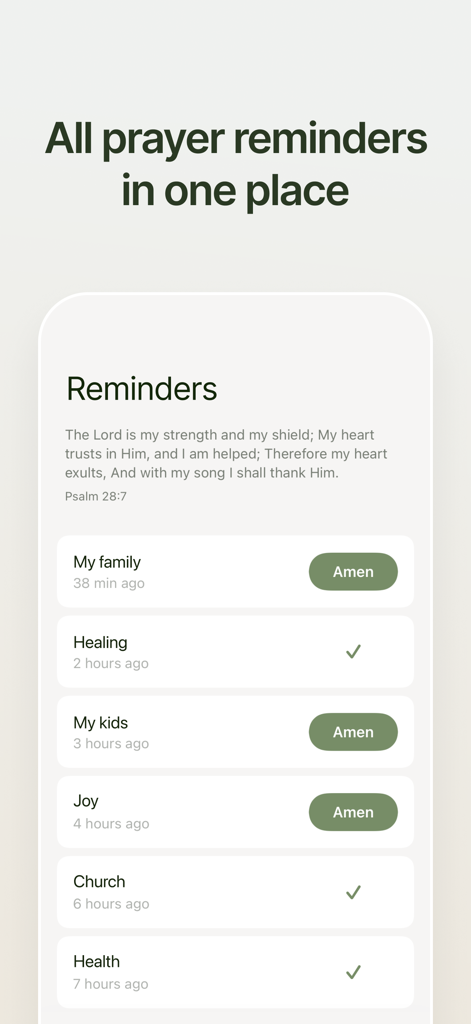 Prayminder - A minimalist interface of the Prayminder app displaying a list of prayer reminders like My family and Healing with Amen buttons.