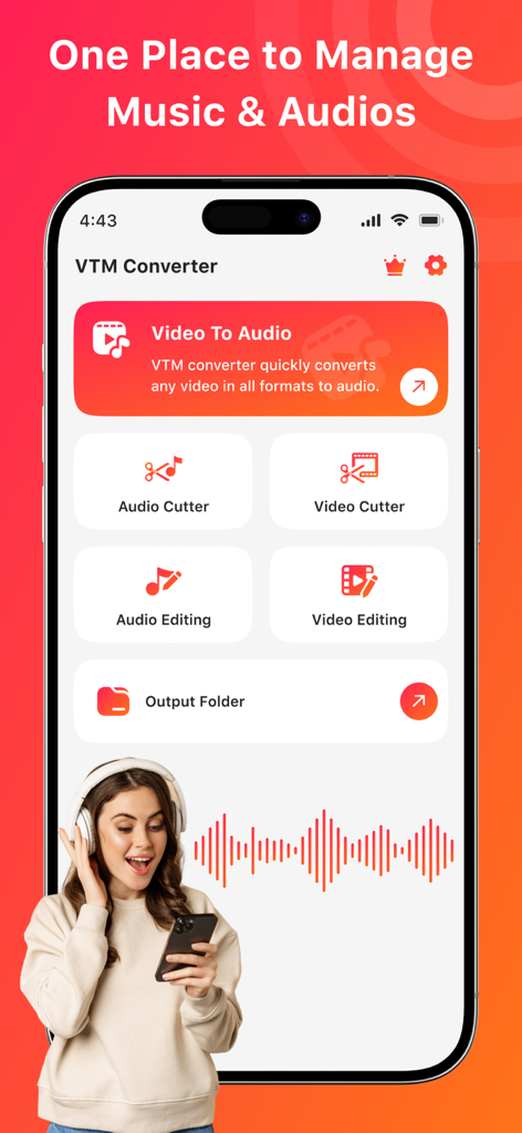 The main menu of the VTM Converter app featuring video to audio conversion and editing tools