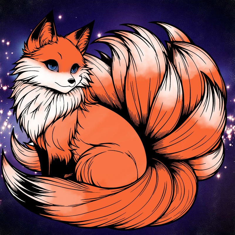 realistic detailed 9 tailed anime fox