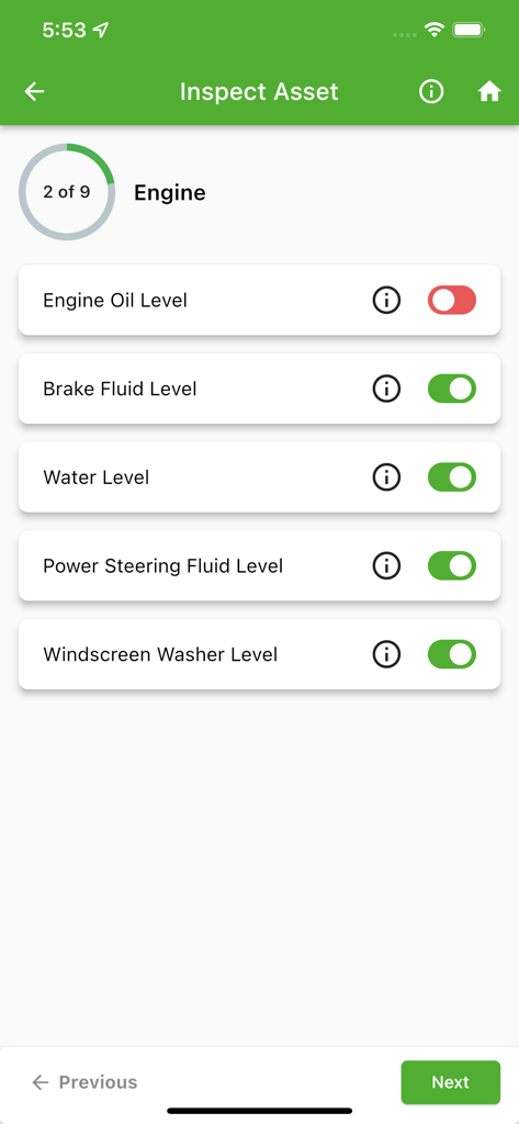 Freestyle II - Freestyle II App zeigt eine Checkliste für die Motorinspektion eines Fahrzeugs für Flottenfahrer