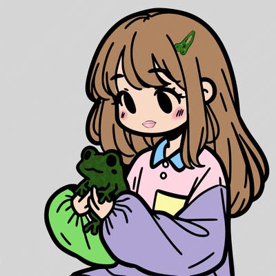 girl with long hair and a oversized shirt. and she is holding a frog