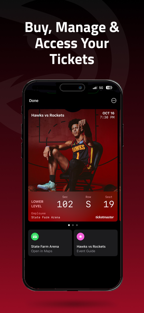 Smartphone screen showing a digital ticket for an Atlanta Hawks basketball game with seating details