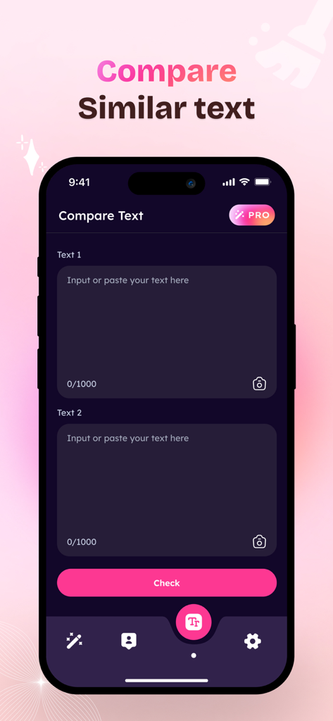 Interface of the Smart Cleaner app showing the text comparison feature with two input fields