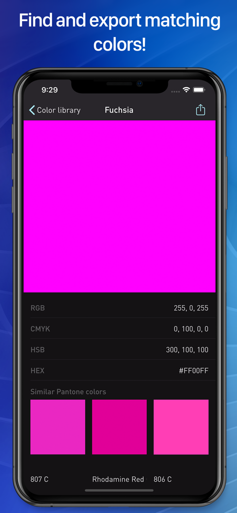 L'application AR Pro Color Name affiche les codes couleur Fuchsia et les échantillons Pantone correspondants.