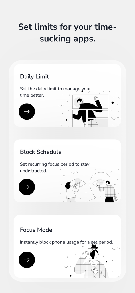 Screen Time Control: Unplugged - Pantalla que muestra las funciones de la aplicación para establecer límites diarios, horarios de bloqueo y modo de enfoque para gestionar el tiempo de pantalla